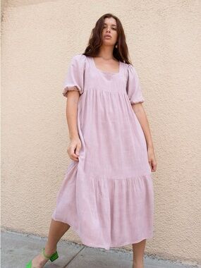 Rachel Pally Mae Linen Blend Midi Dress Mauve Pink Puff Sleeve XS